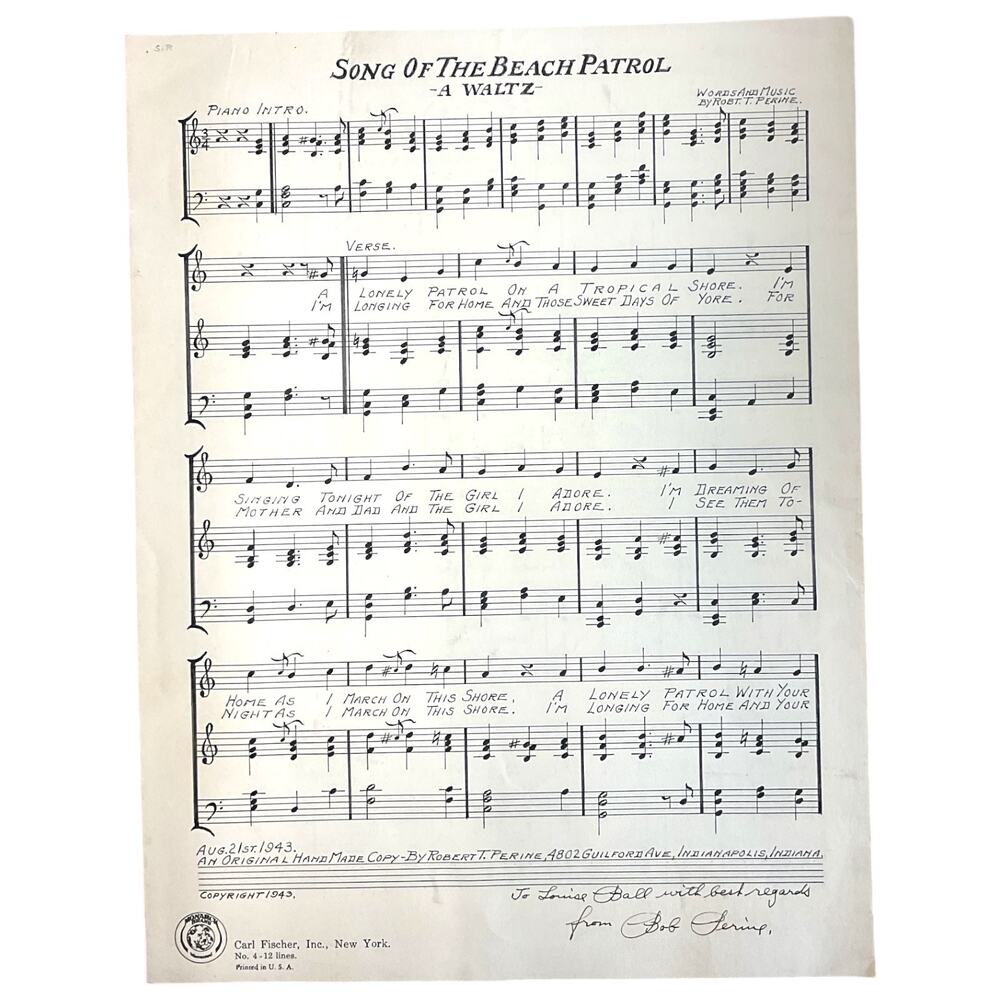 Song Of The Beach‎ Patrol Sheet Music Handmade Signed Robert Perine 1943 WWII